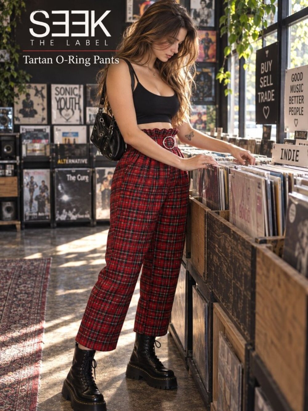 Seek The Label Plaid Pants M Red Tartan High Rise Belted O Ring Punk Grunge Y2K